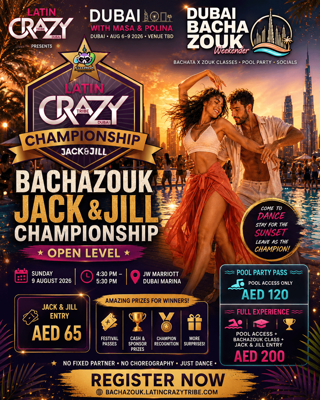 Dubai BachaZouk Jack & Jill Championship — open level, no fixed partner, Sunday Aug 9, 4:30-5:30 PM, JW Marriott Dubai Marina, entry AED 65