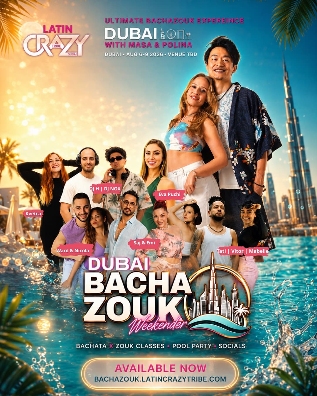 Dubai BachaZouk Weekender event poster — couple dancing poolside against the Dubai skyline